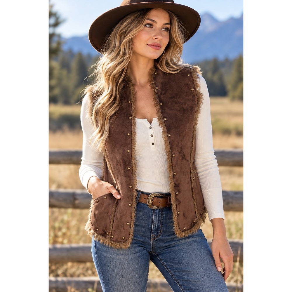 NWT Mixit Faux Suede Vest Women Brown Boho Western Studded Faux Fur Trim Small